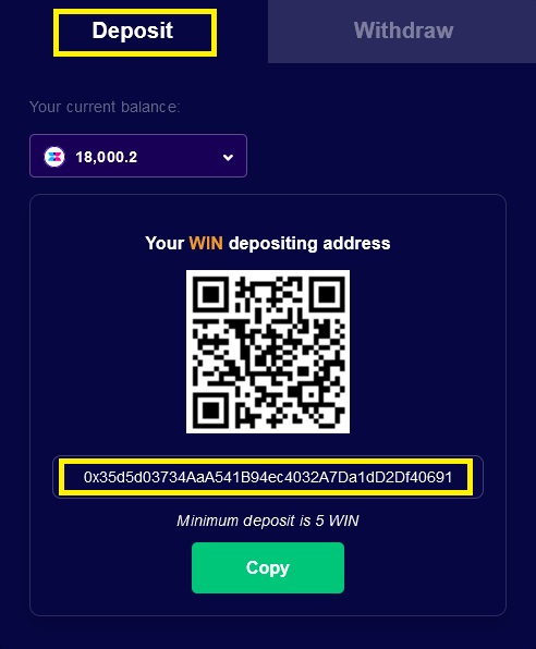 Copy địa chỉ ví Win sàn Wefinex