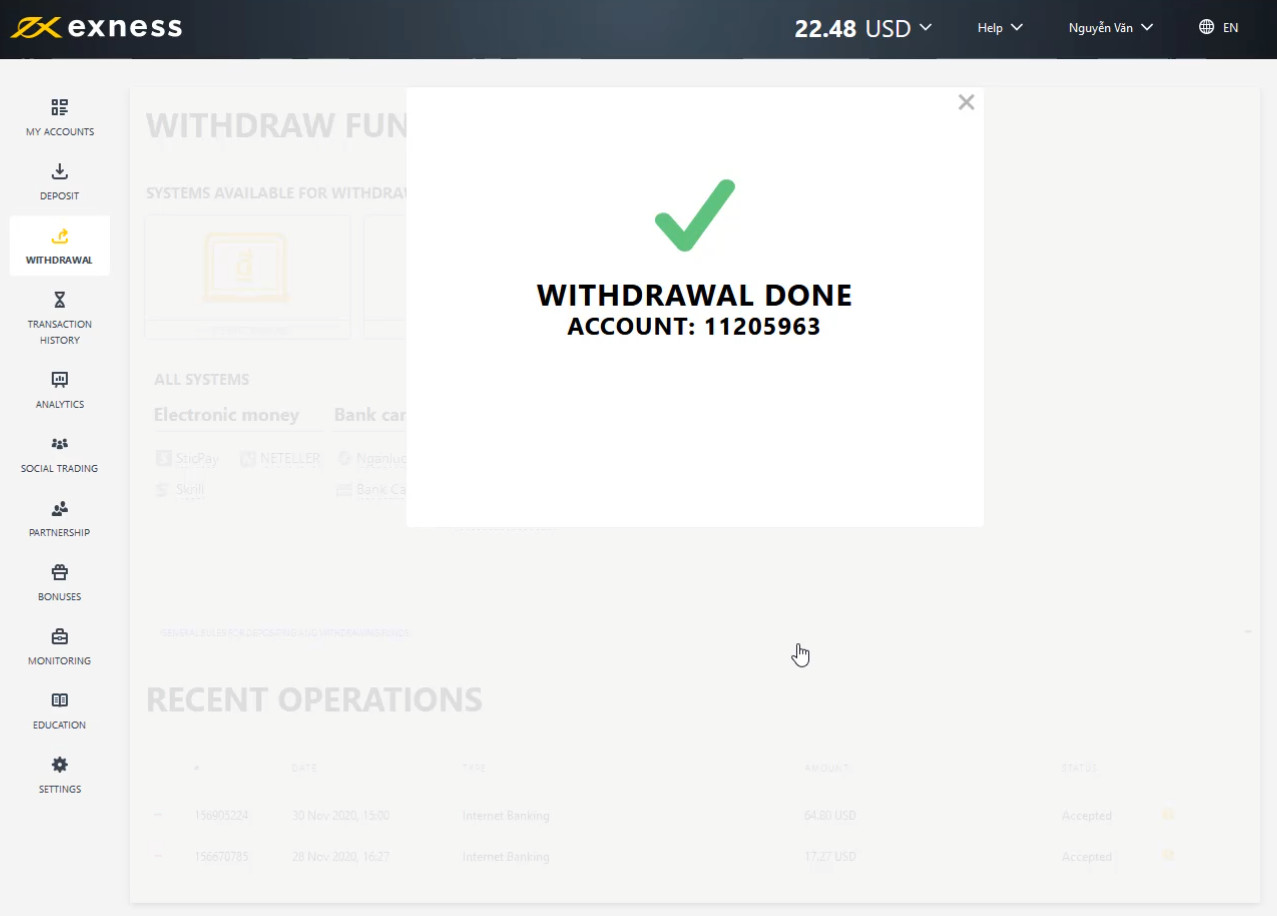 Hoàn tất việc rút tiền tài khoản Exness về ví điện tử Skrill