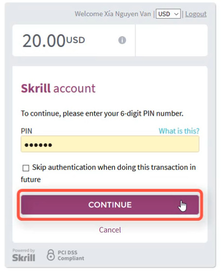 Nhập mã pin của ví điện tử Skrill