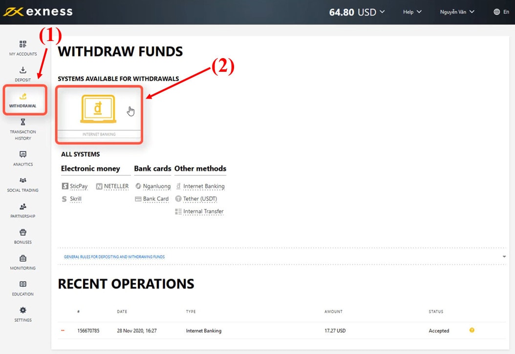 Selecione o método de saque Exness pelo Internet Banking