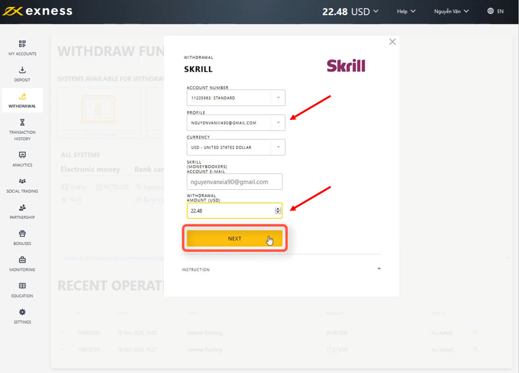 Digite o endereço da carteira Skrill e o valor que deseja sacar