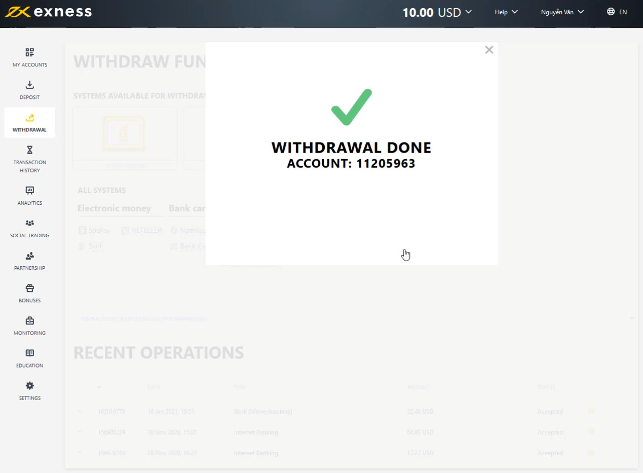 Hoàn tất việc rút tiền tài khoản Exness về thẻ Visa Mastercard