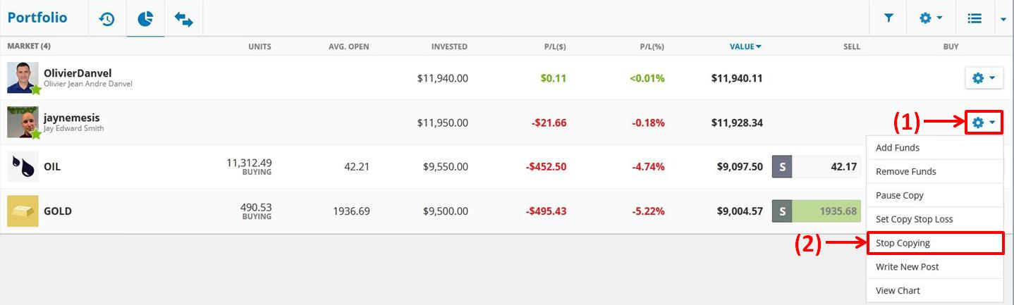 Menutup order Copy Trade yang terbuka di Etoro