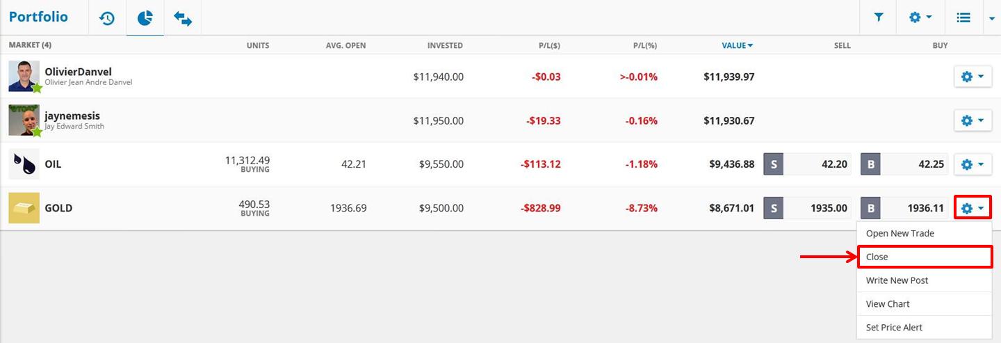 Menutup setiap transaksi secara terpisah di Etoro