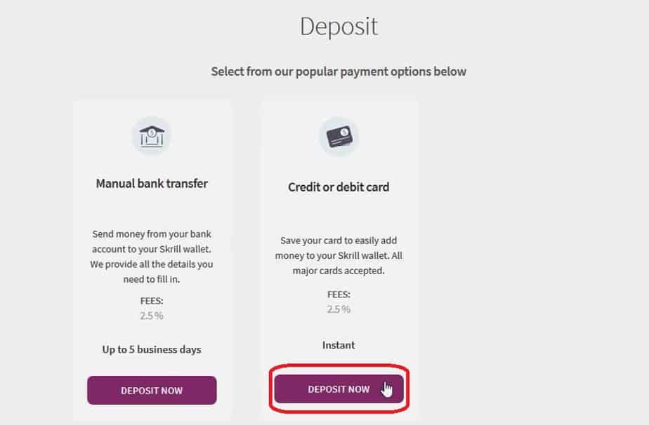 Choosing credit or debit card deposit option panel