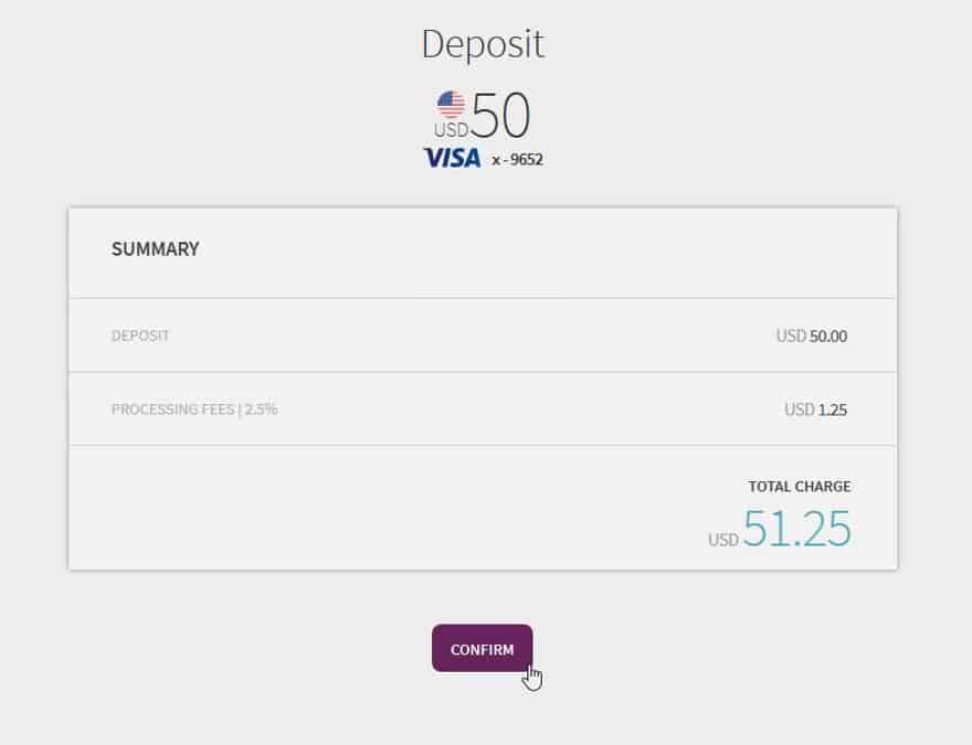 Transaction review page showing the final deposit calculation