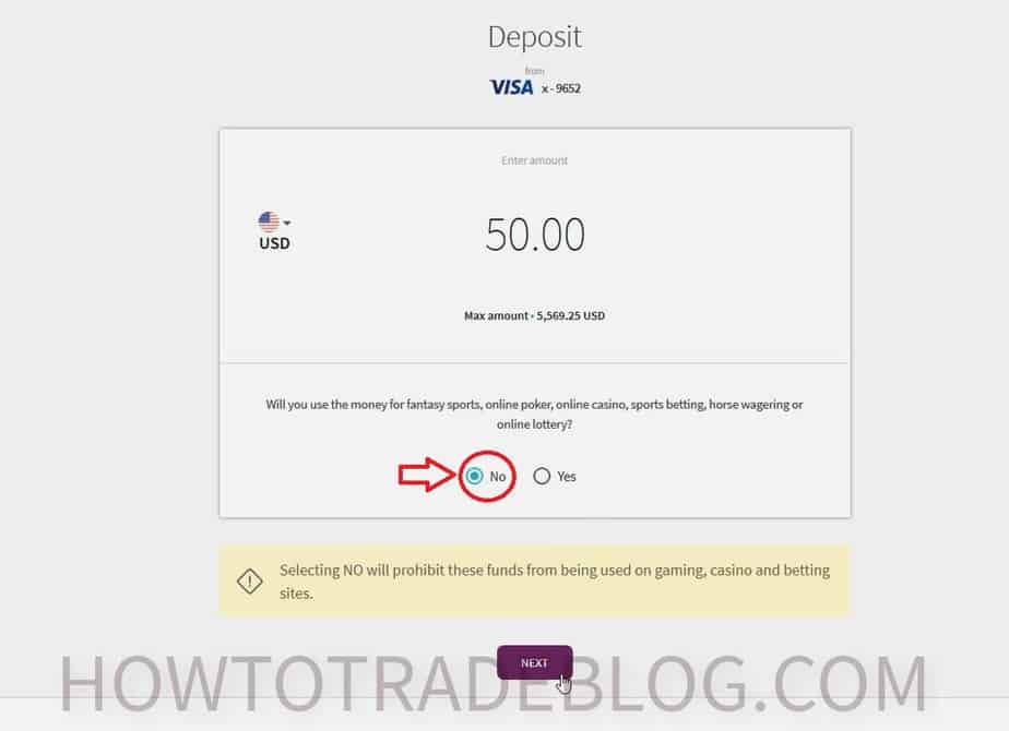 Entering 50 USD in the Skrill deposit amount field