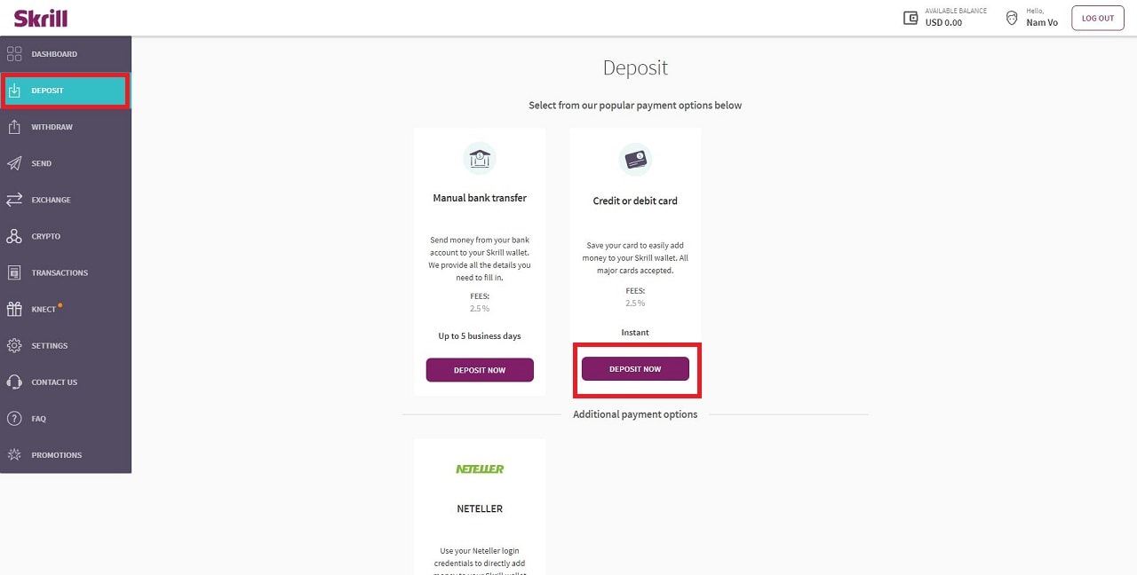 Hướng dẫn nạp tiền vào ví điện tử Skrill