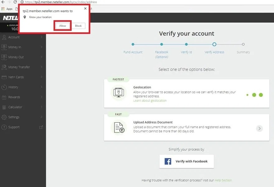 Hướng dẫn xác minh địa chỉ tài khoản Neteller bằng Geolocation