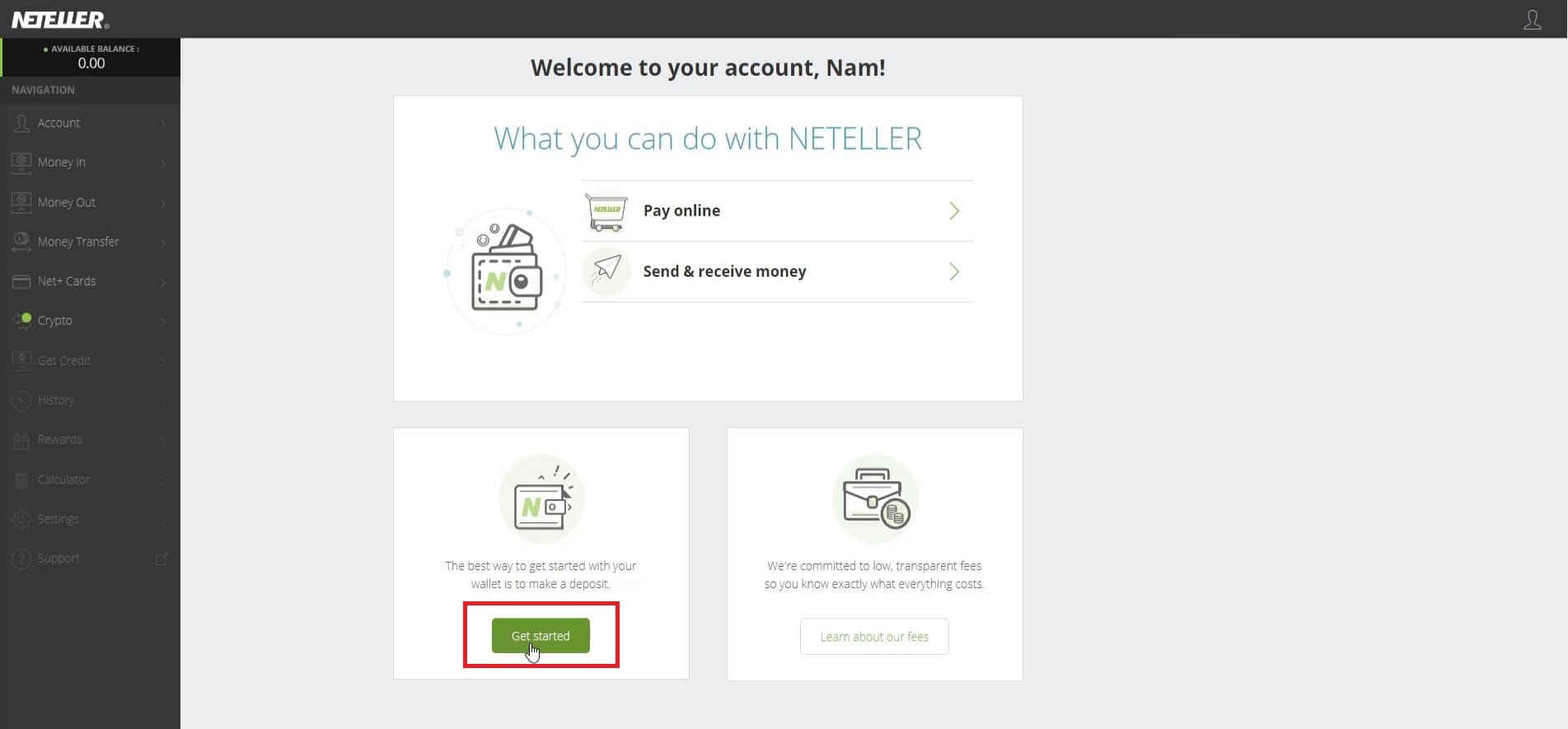 Nhấn Get Started ở giao diện đăng nhập tài khoản Neteller vừa tạo