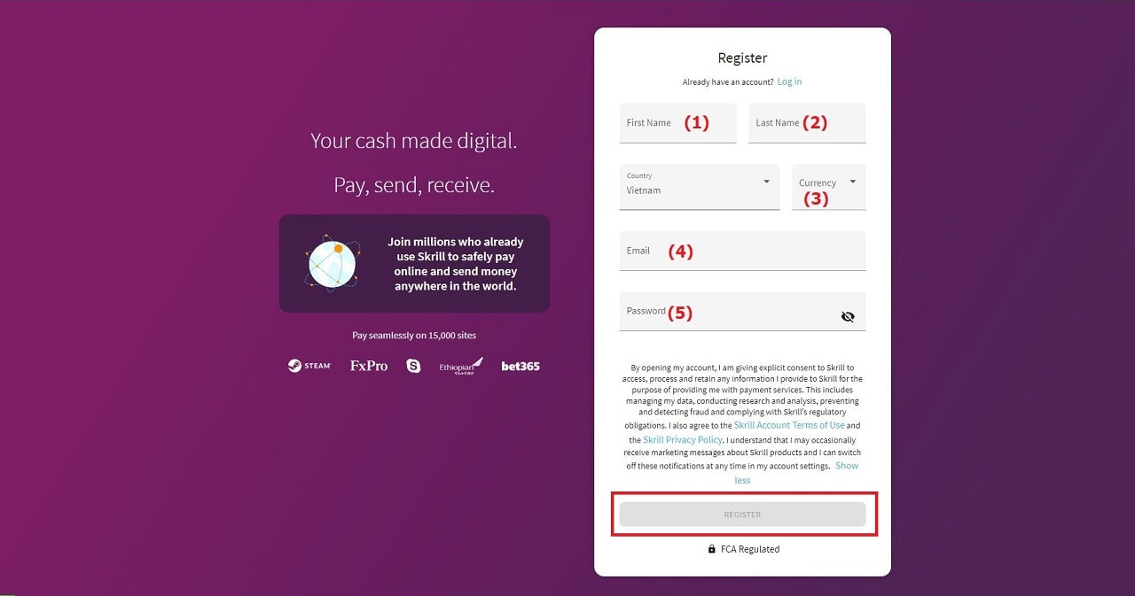 Nhập vào đầy đủ các thông tin tài khoản Skrill