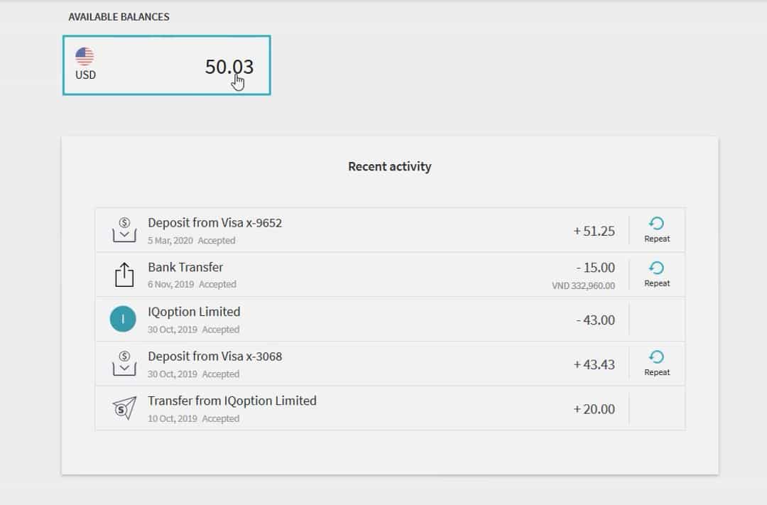 Skrill account home page showing updated active balance in dollars