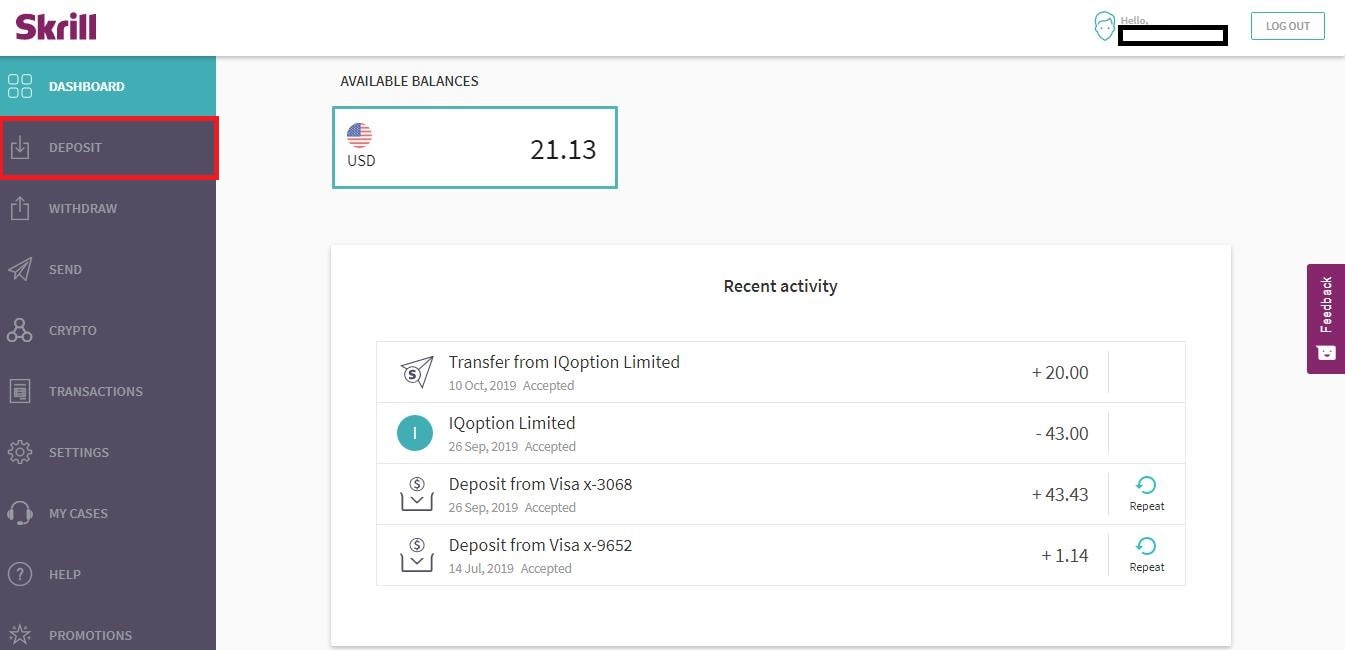 Selecting deposit options from the Skrill dashboard menu