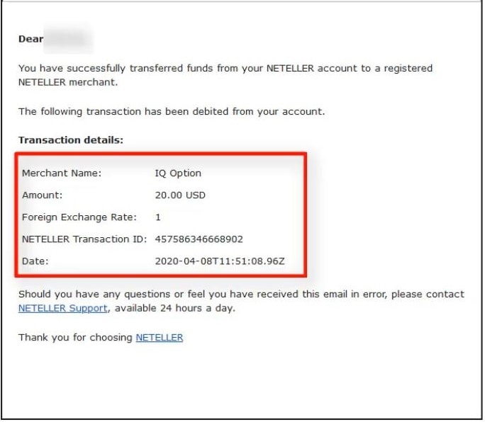 Mail thông báo từ Neteller đã chuyển tiền cho IQ Option