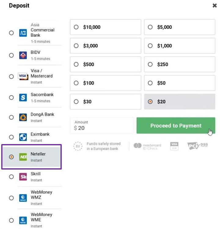 Nạp tiền vào tài khoản IQ Option bằng ví điện tử Neteller
