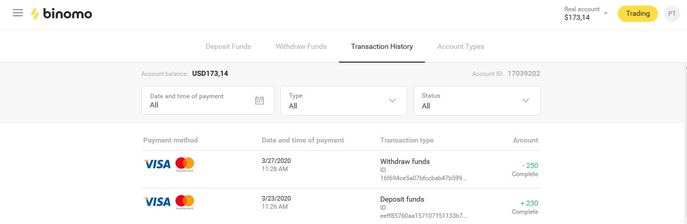 The proof for depositing and withdrawing in Binomo