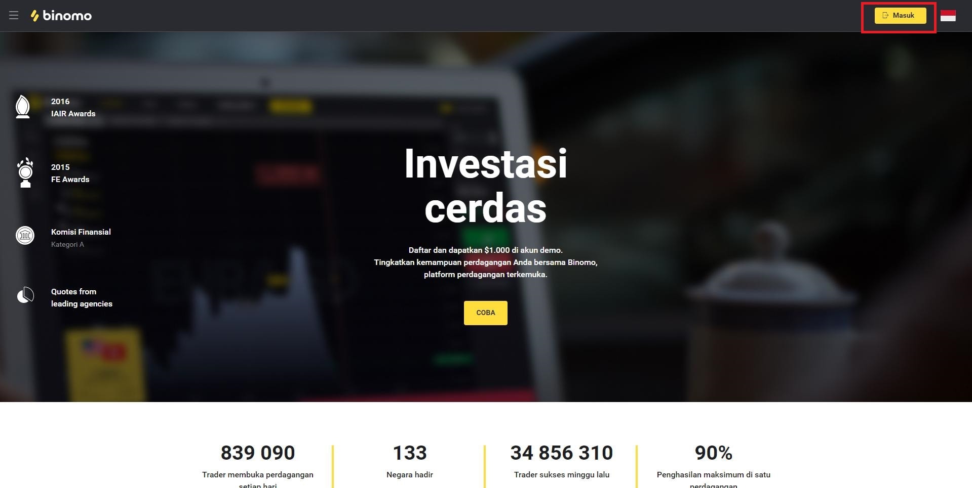 Klik Masuk di pojok kiri layar - Login Binomo