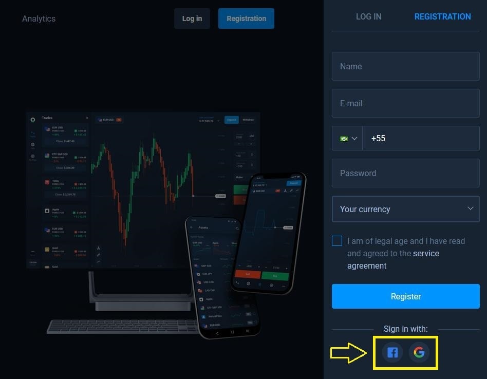 Olymp Trade با استفاده از Facebook یا Google ثبت کنید