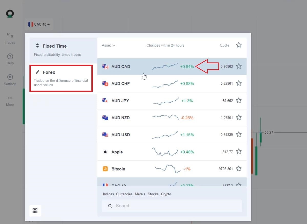 Escolha os ativos de negociação no Olymp Trade Forex