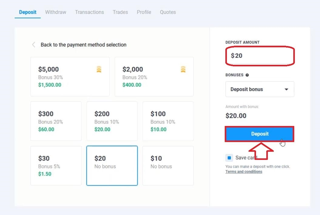 Enter the amount you want to deposit into your Olymp Trade account in the input field