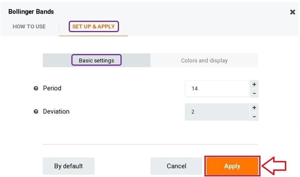 Settings interface to customize Bollinger Bands period and standard deviation parameters