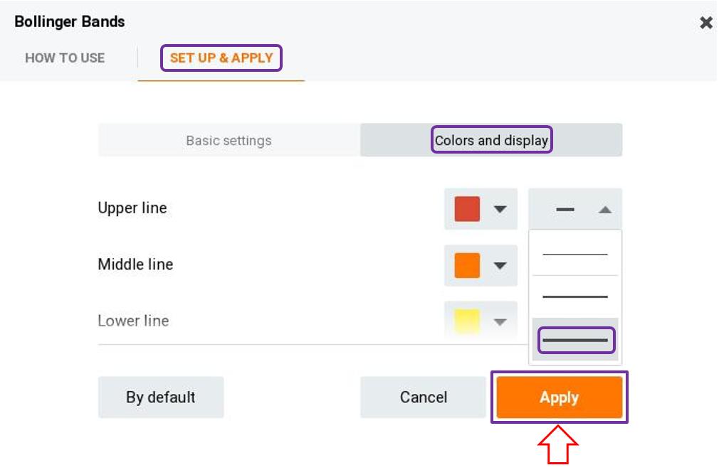 Menu options for adjusting color and line width of Bollinger Bands lines in IQ Option