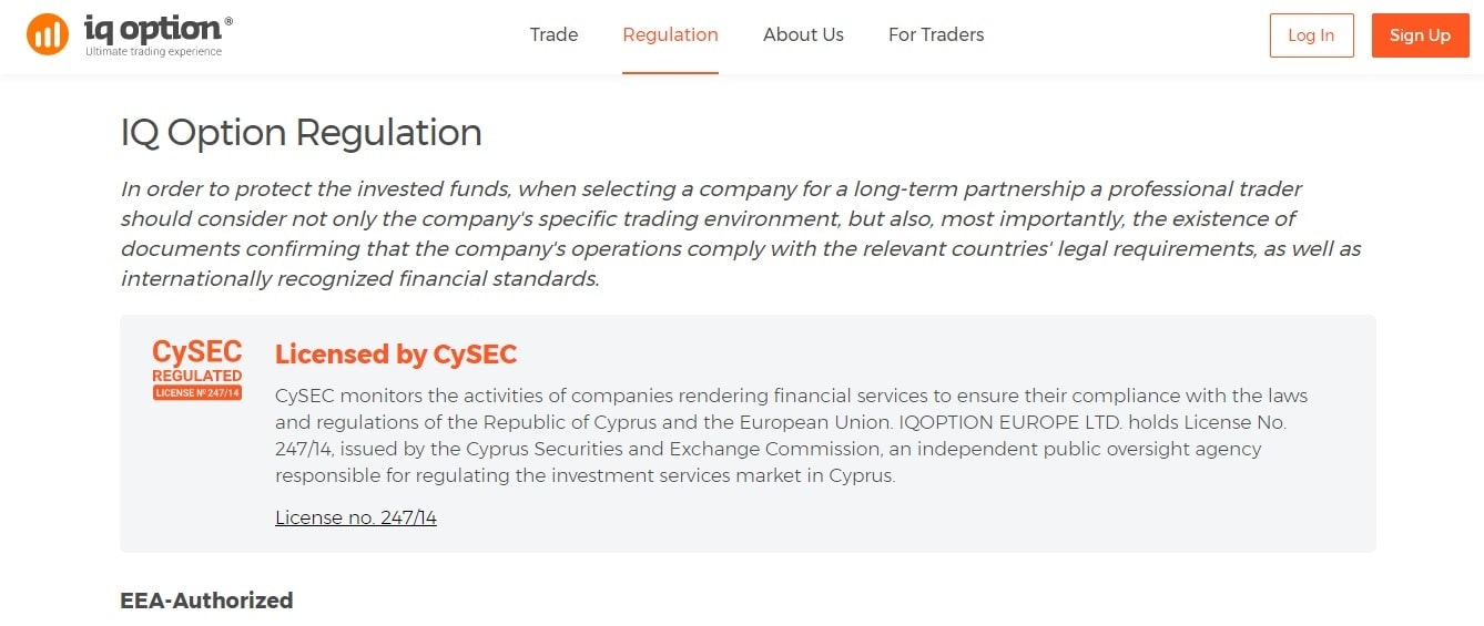 IQ Option regulatory license information showing registration with the Cyprus Securities and Exchange Commission