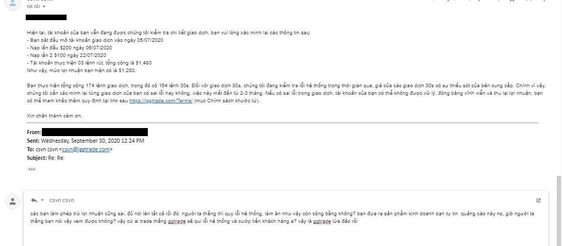 Official email correspondence from GGtrade confirming permanent freezing of trader profits