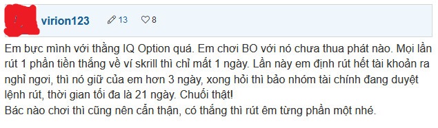 A trader asking for advice on an online forum regarding a delayed withdrawal request on IQ Option