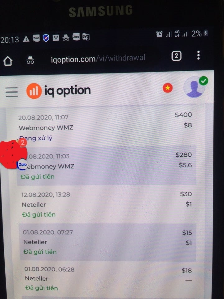 A transaction list showing profit payouts blocked and only the initial deposit refunded due to payment method violations