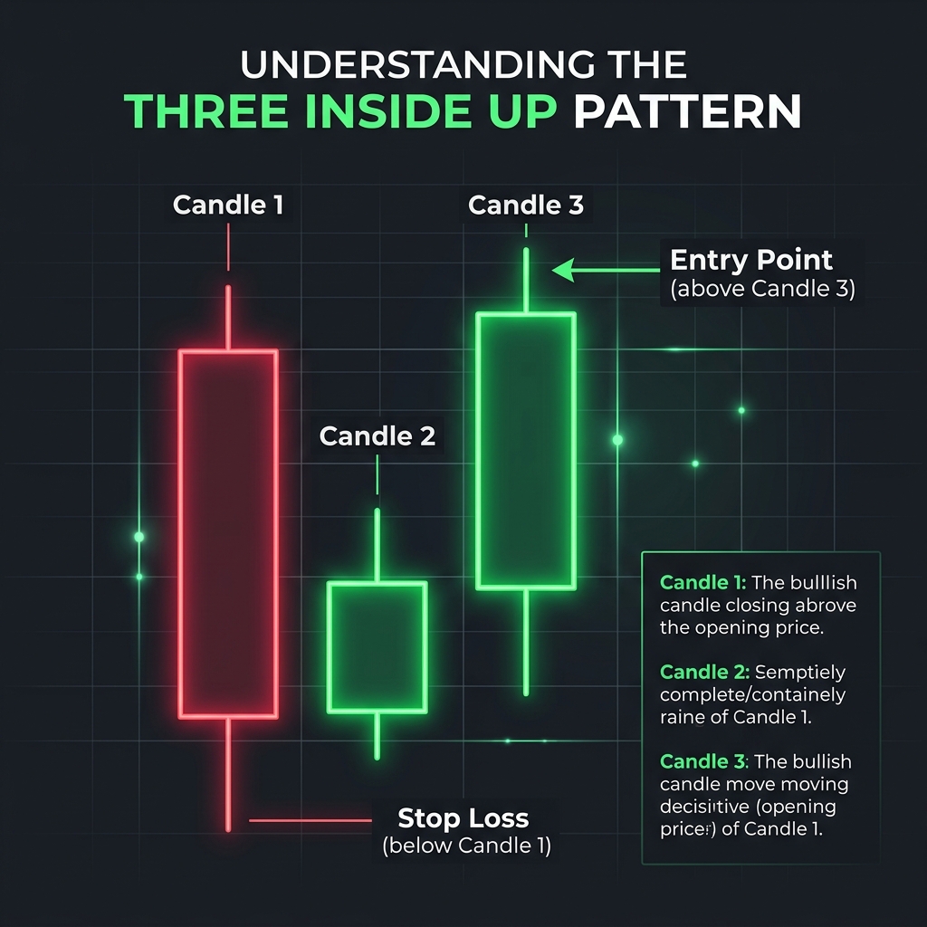 Three Inside Up candlestick pattern diagram showing entry, stop loss, and candle structure